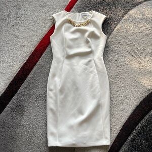 Calvin Klein Off White Gold Necklace Detail Sheath Dress